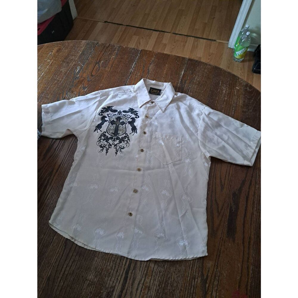 New Large Zava Cream Black Tan Western Hispanic Streetwear Short Sleeve Shirt